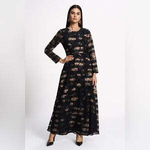 Hong Fa Elegant Black Floral Striped Midi Dress Size 52 (Fits L/XL) Long Sleeve